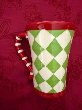 Whimsical Holiday cup, Red, Green and White Diamond Ceramic Coffee Mug (2012)